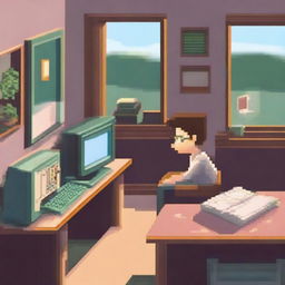 A pixel art image depicting a cozy home environment with a student doing homework at a desk