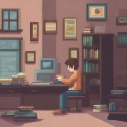 A pixel art image depicting a cozy home environment with a student doing homework at a desk