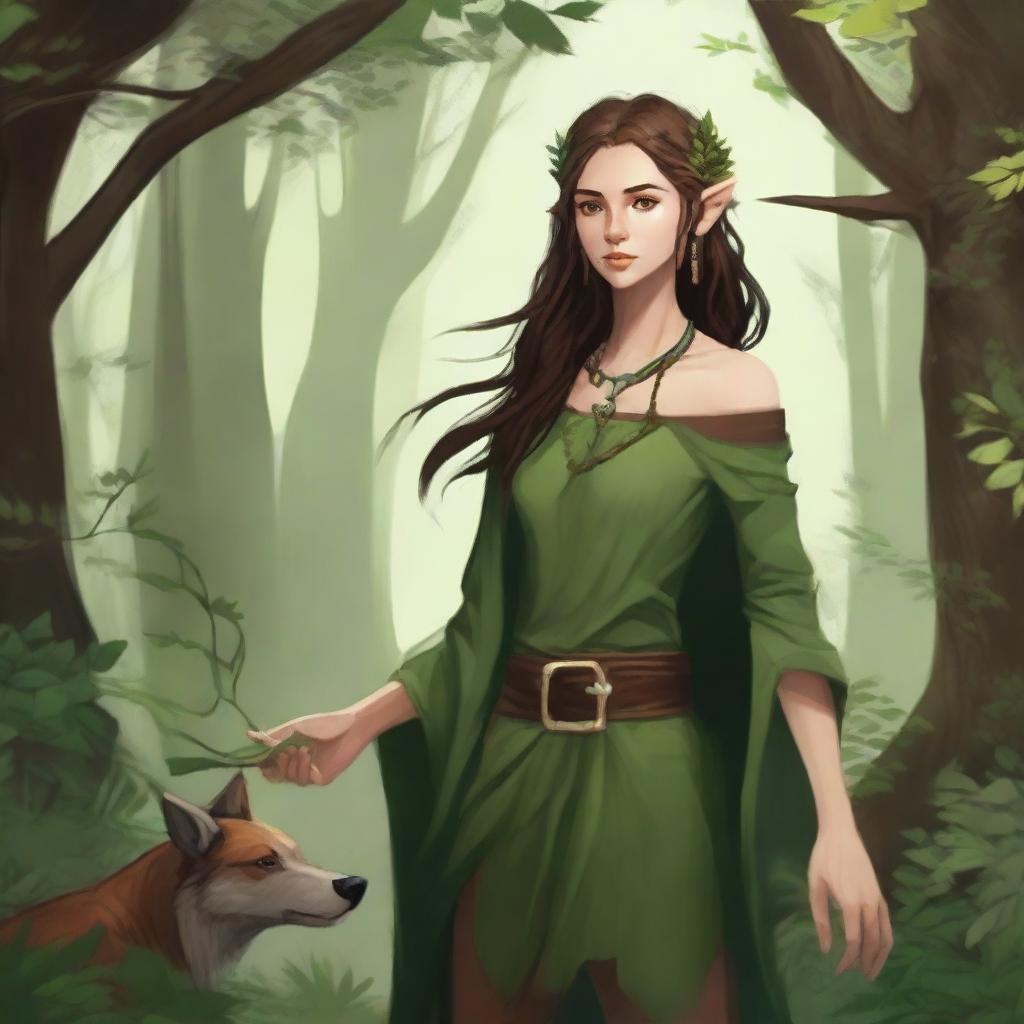 Create an image of a half-elf, half-human druid who is a friend of animals and nature