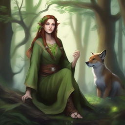 Create an image of a half-elf, half-human druid who is a friend of animals and nature