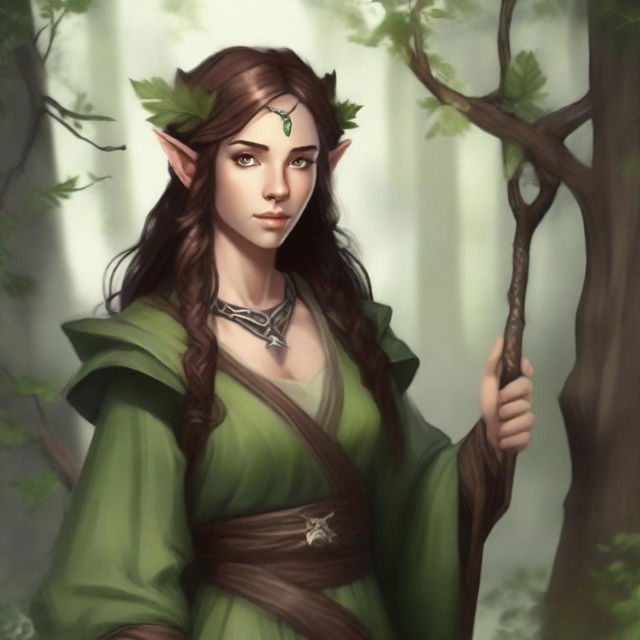 Create an image of a half-elf, half-human druid who is a friend of animals and nature