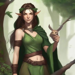 Create an image of a half-elf, half-human druid who is a friend of animals and nature