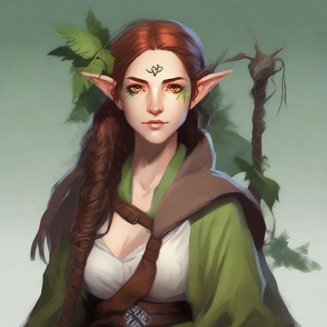 Create an image of a half-elf, half-human druid who is a friend of animals and nature