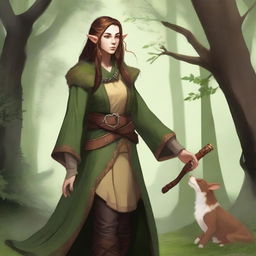 Create an image of a half-elf, half-human druid who is a friend of animals and nature