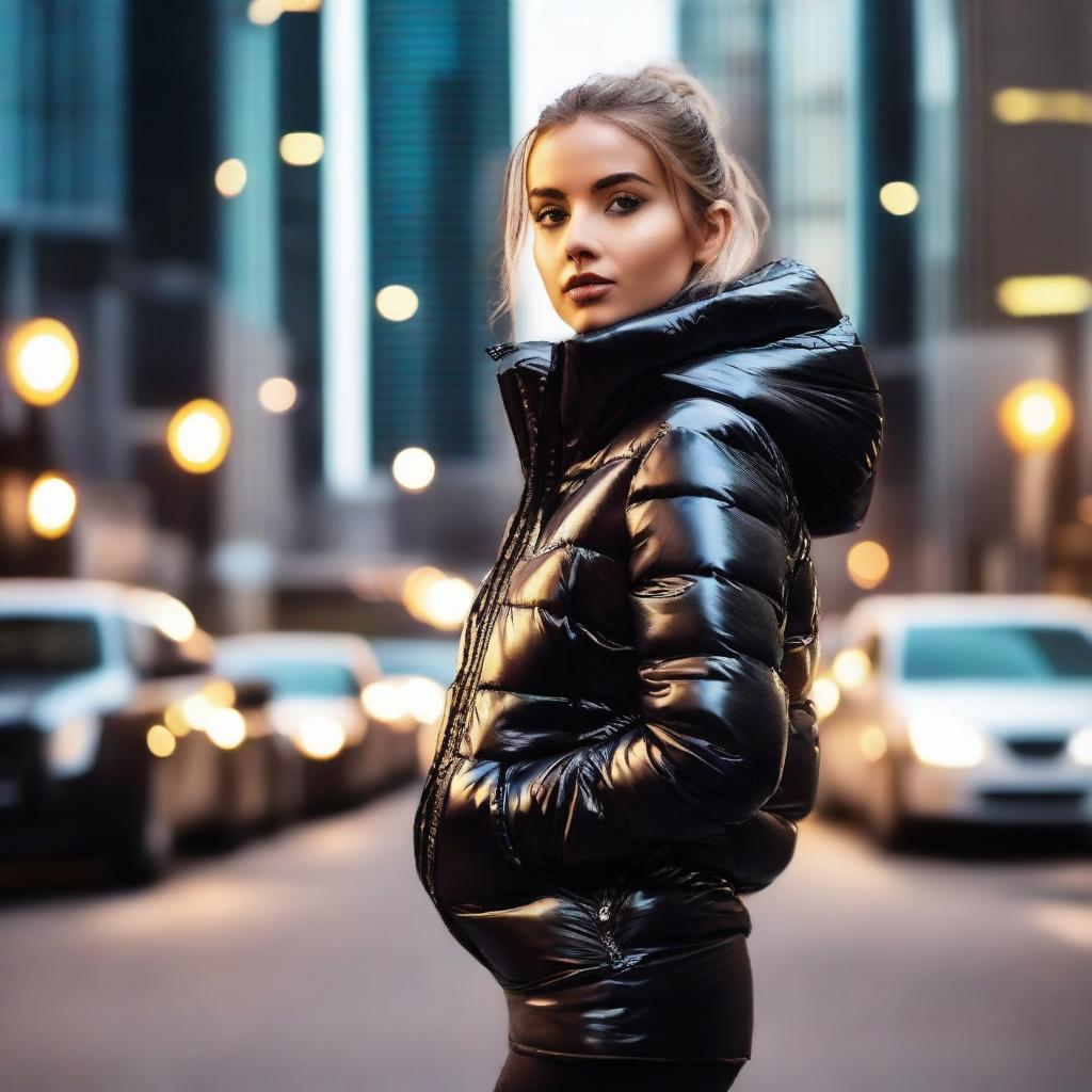 A stylish young woman wearing a very tight, shiny black puffer jacket