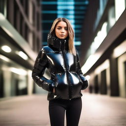 A stylish young woman wearing a very tight, shiny black puffer jacket