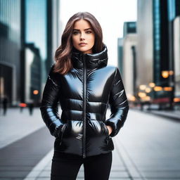 A stylish young woman wearing a very tight, shiny black puffer jacket