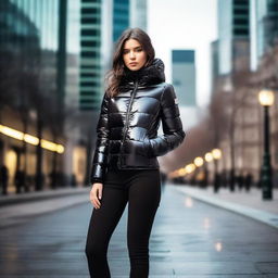 A stylish young woman wearing a very tight, shiny black puffer jacket