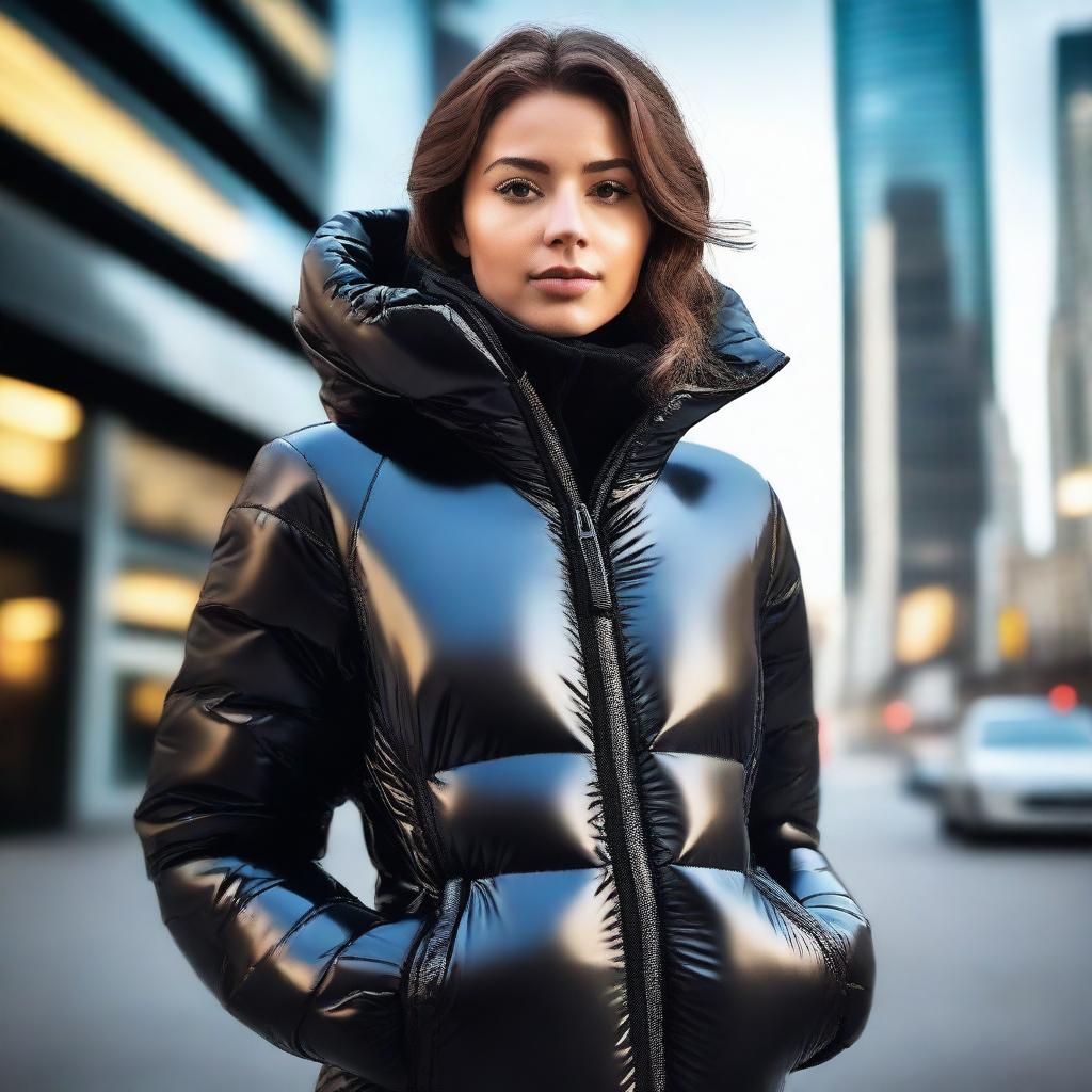 A stylish young woman wearing a very tight, shiny black puffer jacket