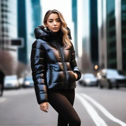 A stylish young woman wearing a very tight, shiny black puffer jacket