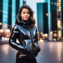 A stylish young woman wearing a very tight, shiny black puffer jacket