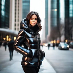 A stylish young woman wearing a very tight, shiny black puffer jacket