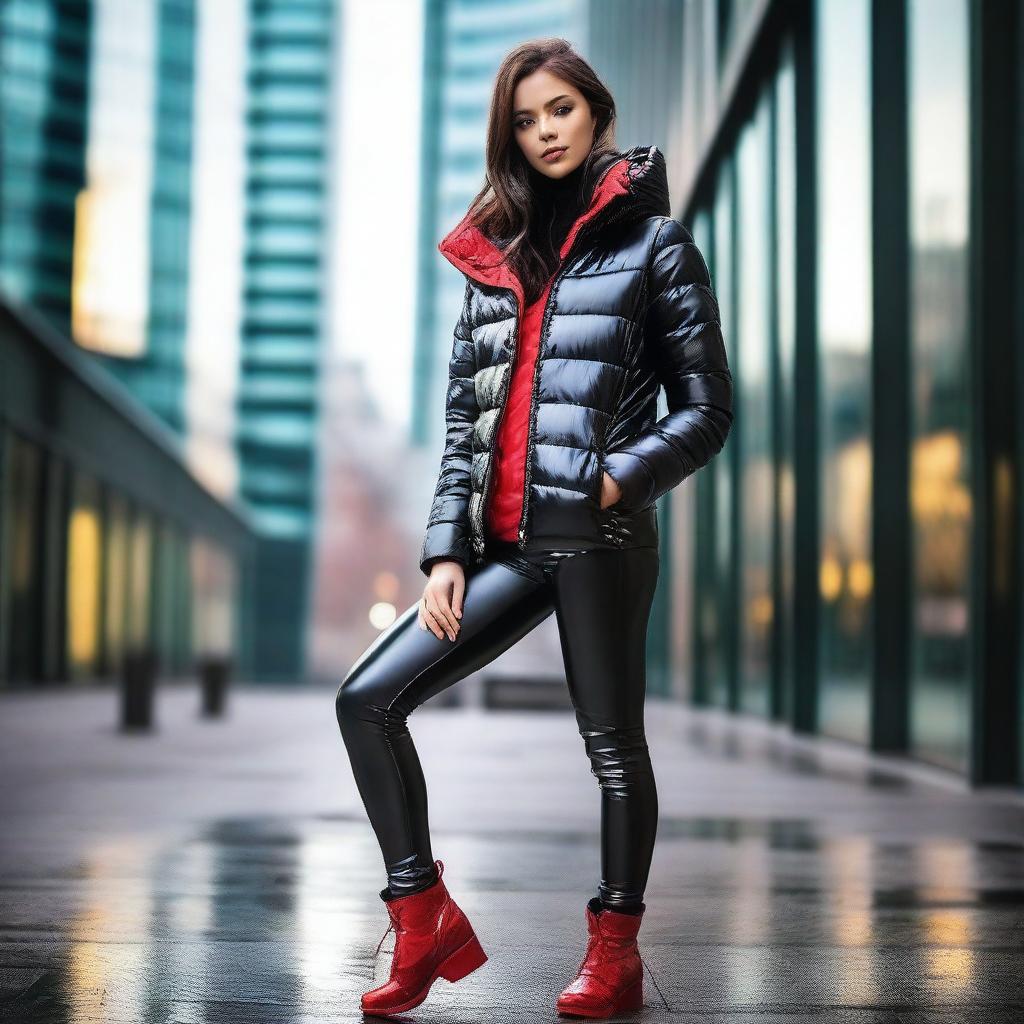 A stylish young woman wearing a shiny black puffer jacket and red latex leggings