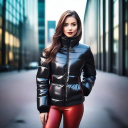 A stylish young woman wearing a shiny black puffer jacket and red latex leggings