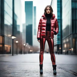 A stylish young woman wearing a shiny black puffer jacket and red latex leggings