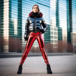 A stylish young woman wearing a shiny black puffer jacket and red latex leggings