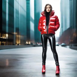 A stylish young woman wearing a shiny black puffer jacket and tight red latex leggings