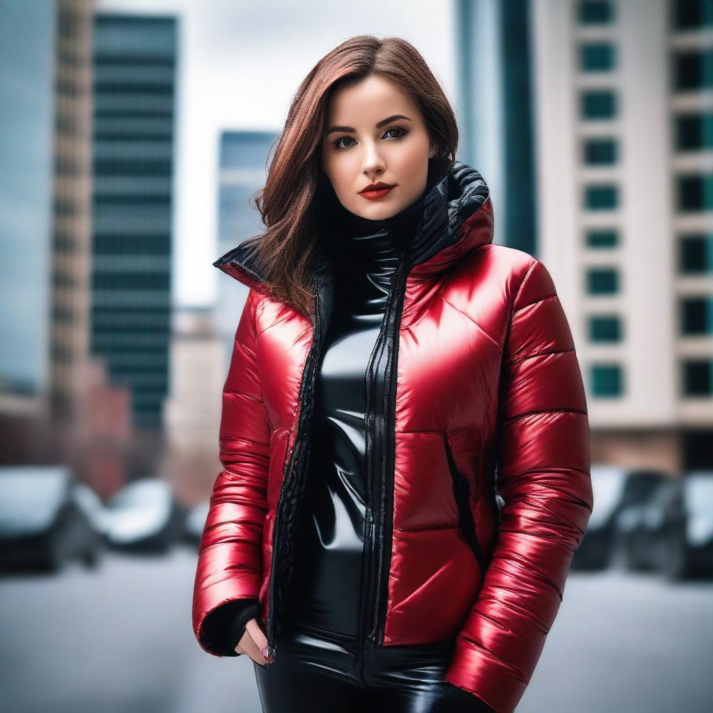 A stylish young woman wearing a shiny black puffer jacket and tight red latex leggings