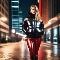 A stylish young woman wearing a shiny black puffer jacket and tight red latex leggings