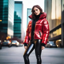 A stylish young woman wearing a shiny black puffer jacket and tight red latex leggings