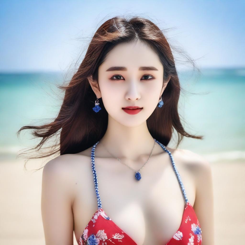 Create a tasteful and elegant image of Zhao Liying wearing a bikini at the beach