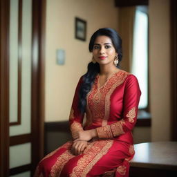 A beautiful Bangladeshi woman sitting in a hotel room, wearing a traditional Bengali dress