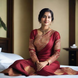 A beautiful Bangladeshi woman sitting in a hotel room, wearing a traditional Bengali dress