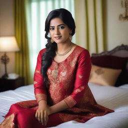 A beautiful Bangladeshi woman sitting in a hotel room, wearing a traditional Bengali dress