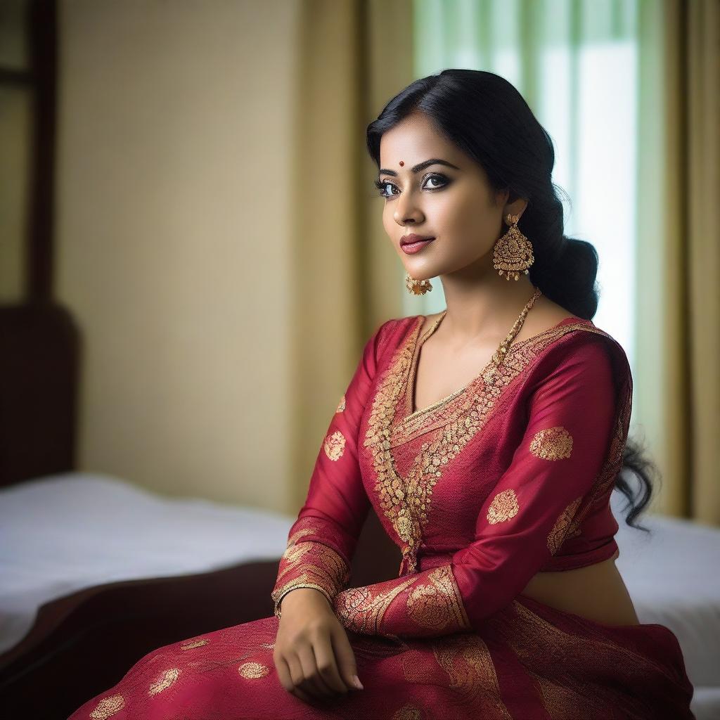 A beautiful Bangladeshi woman sitting in a hotel room, wearing a traditional Bengali dress