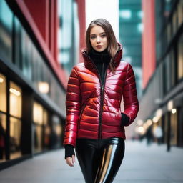 A stylish young woman wearing a shiny black puffer jacket and tight red latex leggings