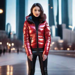 A stylish young woman wearing a shiny black puffer jacket and tight red latex leggings