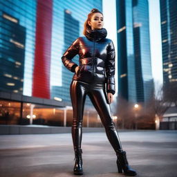 A stylish young woman wearing a shiny black puffer jacket and tight red latex leggings