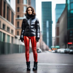 A stylish young woman wearing a shiny black puffer jacket and tight red latex leggings