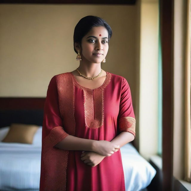 A realistic depiction of a Bangladeshi woman in traditional Bangladeshi dress, standing in a hotel room