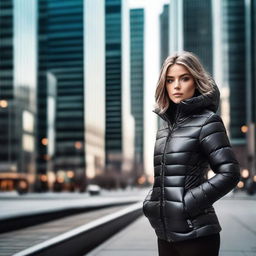 A stylish young woman wearing a tight black puffer jacket