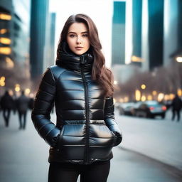 A stylish young woman wearing a tight black puffer jacket