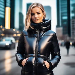 A stylish young woman wearing a tight black puffer jacket