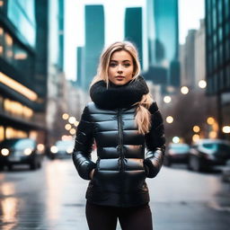 A stylish young woman wearing a tight black puffer jacket