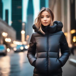 A stylish young woman wearing a tight black puffer jacket