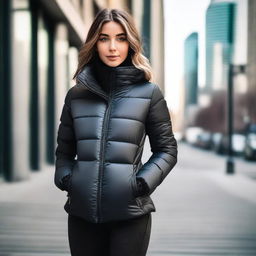 A stylish young woman wearing a tight black puffer jacket