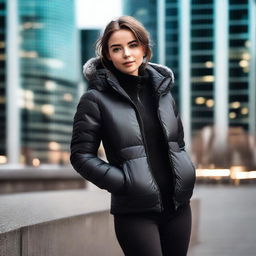 A stylish young woman wearing a tight black puffer jacket