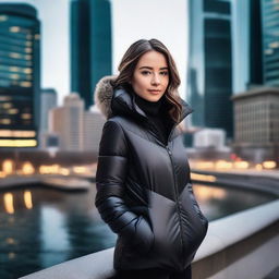 A stylish young woman wearing a tight black puffer jacket