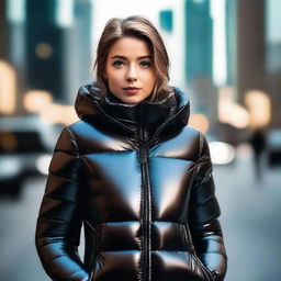 A stylish young woman wearing a tight, shiny black puffer jacket