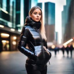 A stylish young woman wearing a tight, shiny black puffer jacket