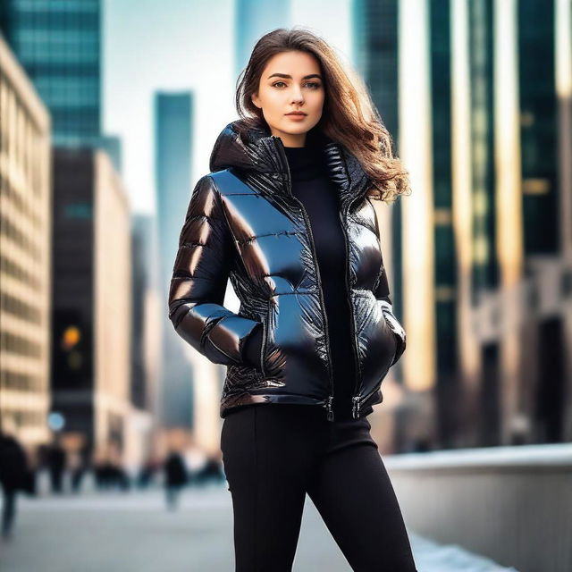 A stylish young woman wearing a tight, shiny black puffer jacket