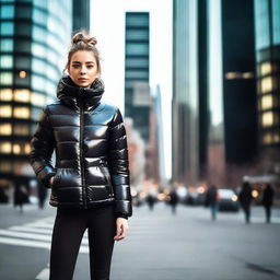 A stylish young woman wearing a tight, shiny black puffer jacket