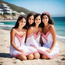 A group of beautiful Turkish village girls sunbathing on the beach