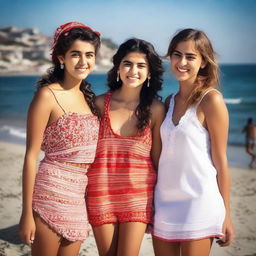 A group of beautiful Turkish village girls sunbathing on the beach