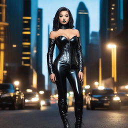 A confident young woman wearing a tight black latex outfit and a corset