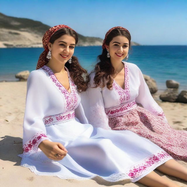 Two beautiful Turkish village girls are sunbathing on the beach, trying to make themselves more attractive